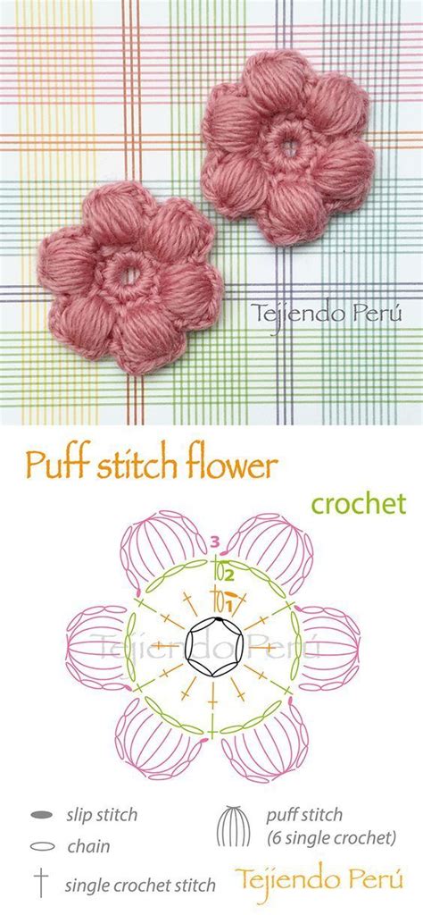 Crochet: puff stitch flower diagram! ༺ ƬⱤღ ༻: | Puntadas de ganchillo, Ganchillo, Flores de ...