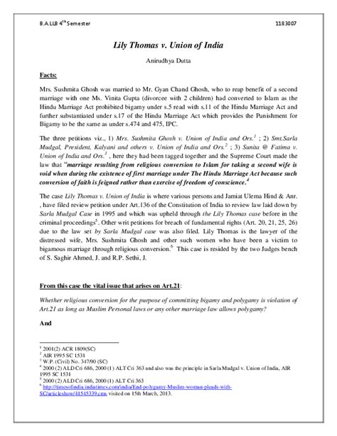 (PDF) Case Summary - Lily Thomas v. Union Of India | Anirudha Dutta ...