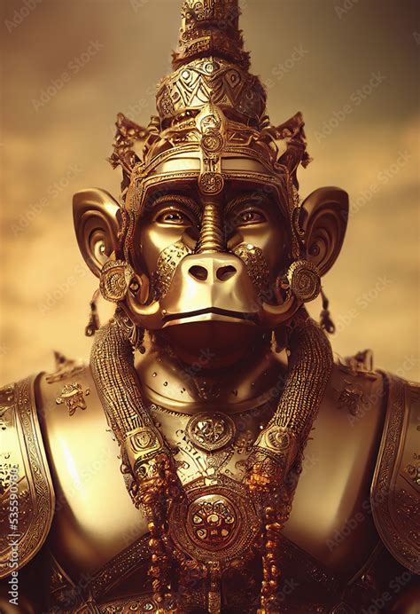 AI generated golden idol of Hindu Lord Hanuman, wearing battle armor Stock 일러스트레이션 | Adobe Stock