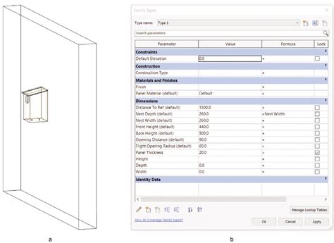 | Revit Family model: a) 3D-View; b) Family Parameters. | Download ...