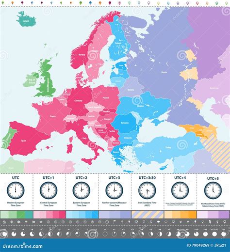 Europe Time Zones High Detailed Map with Location and Clock Icons. Stock Vector - Illustration ...