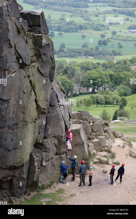 Rock climbing in the disused quarry by Cow and Calf rocks Ilkley moor ...