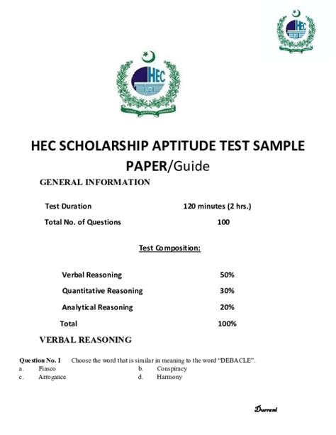 (PDF) HEC SCHOLARSHIP HAT General APTITUDE TEST SAMPLE PAPER/Guide for ...