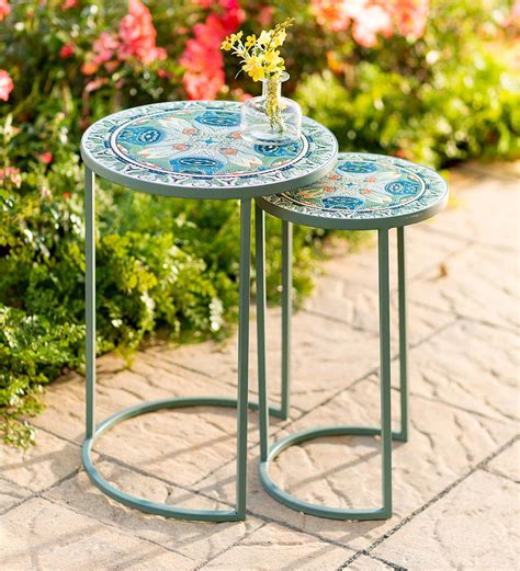Metal Teal Mosaic Bistro Nesting Tables, Set of 2 | Wind and Weather