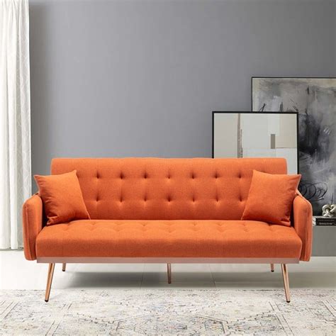 Linen Upholstered Tufted Convertible Sleeper Sofa Bed With Golden Legs ...