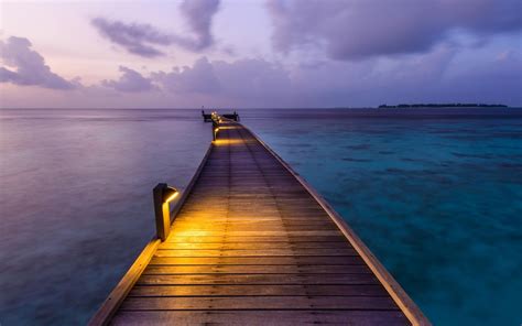 nature, Landscape, Clouds, Dock, Sea, Lights, Island, Sunset, Maldives, Walkway, Calm, Tropical ...