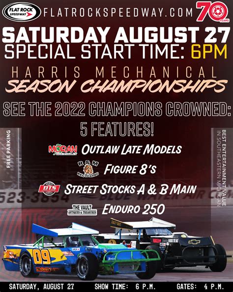 FLAT ROCK CHAMPIONSHIPS SATURDAY! SPECIAL START TIME OF 6 P.M. - Flat Rock Speedway