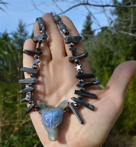 Labradorite wolf necklace - gothic werewolf jewelry with raw crystal ...