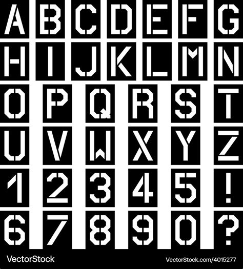 Stencil square font alphabet number Royalty Free Vector