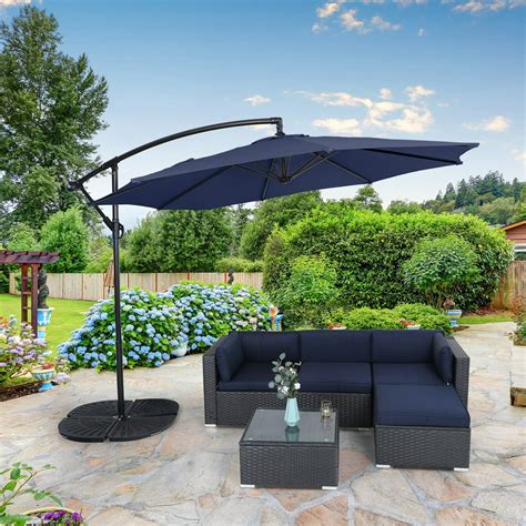 MF Studio 10ft Patio Offset Cantilever Umbrellas with 8 Steel Ribs and Crank Handle, Navy Blue ...