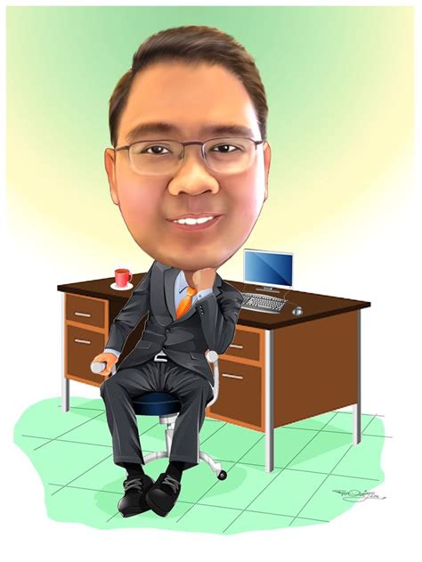 a caricature of a man sitting in front of a desk
