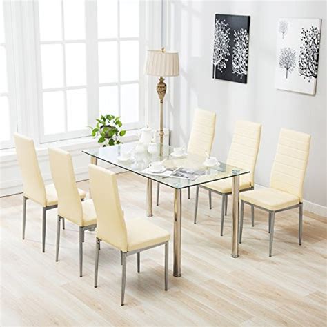 4 Family Dining Sets Glass Table and Leather Chiars,Beige (7 piece) ** Check this awesome ...