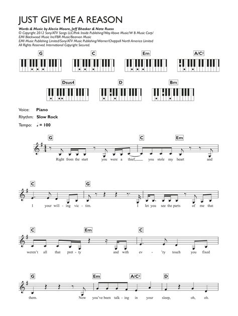 Just Give Me A Reason (featuring Nate Ruess) by Pink Sheet Music for Piano Chords/Lyrics at ...