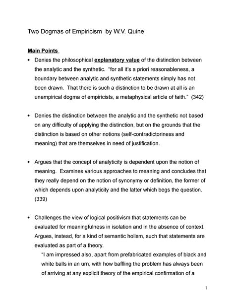 Quine Two Dogmas Of Empiricism - Two Dogmas of Empiricism by W. Quine Main Points Denies the ...