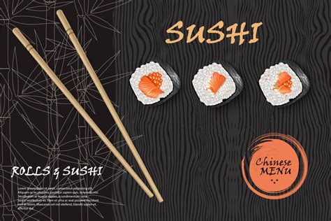 Vector realistic image of sushi on a white plate with bamboo sticks. Restaurant sushi menu ...