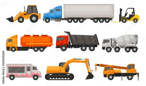 Flat vector set of various types of vehicles. Semi trucks, dumper, food ...