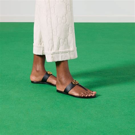 Black Leather Thong Sandal With Double G | GUCCI® Australia