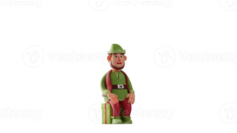 3D Illustration. Male elf 3D cartoon character. The kind -hearted Elf sat on the gift box. Elf ...