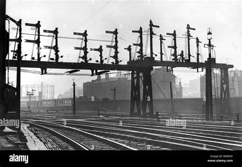 General view of railway signals over the tracks. May 1955 Stock Photo ...