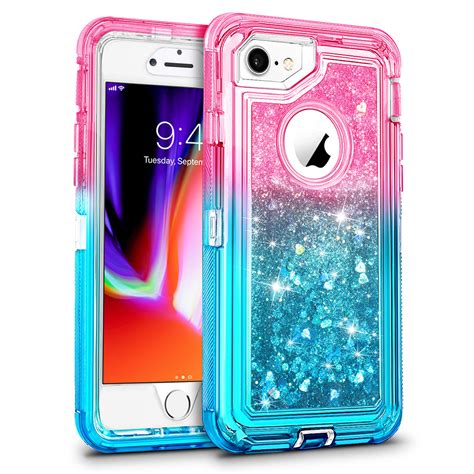 For Apple iPhone 8 / iPhone 7 / iPhone 6/6S Tough Defender Sparkling Liquid Glitter Heart Case ...