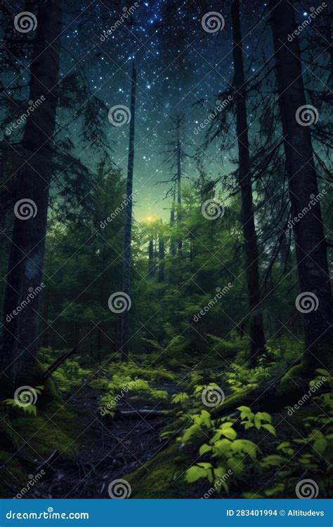 Starry Sky Illuminating a Dark Forest at Night Stock Illustration - Illustration of nature ...