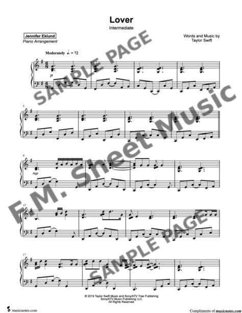 Lover (Intermediate Piano) By Taylor Swift - F.M. Sheet Music - Pop ...