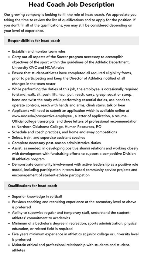 Head Coach Job Description | Velvet Jobs