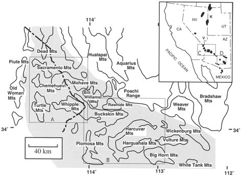 Map showing mountain ranges in western Arizona and southeastern ...