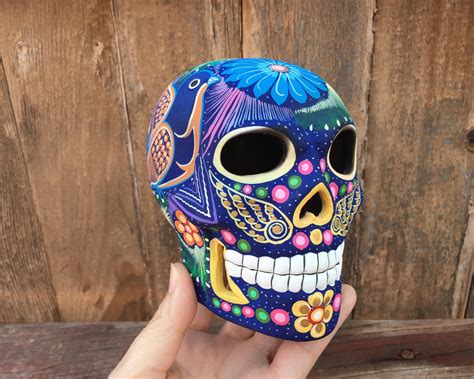 Vintage 4 tall hand-painted ceramic skull sculpture, Mexican folk art ...