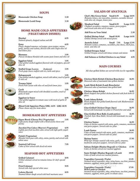 Menu of Anatolia Mediterranean Cuisine in New York, NY 10065