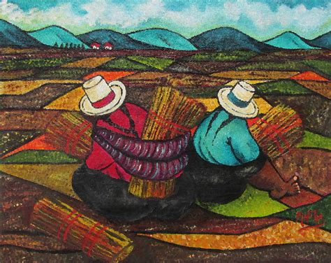 Harvest Andean Girls - Peru Painting by Malika Van Kleef