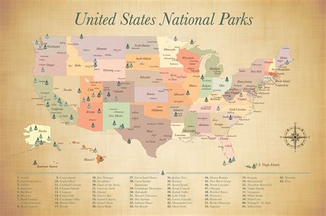 United States National Parks Map, Push Pin Map of the US National Parks