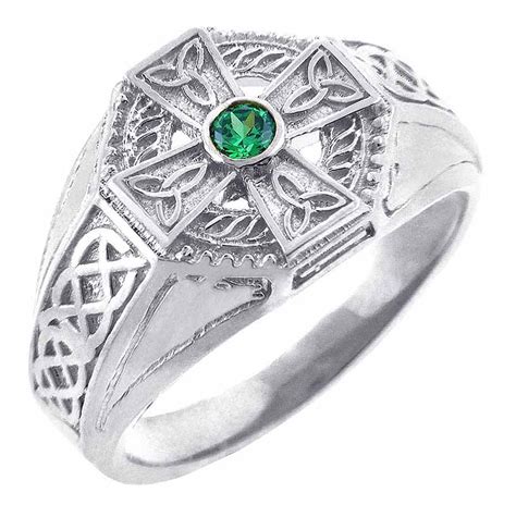 Celtic Ring - Men's White Gold Celtic Cross Ring with Emerald Stone ...