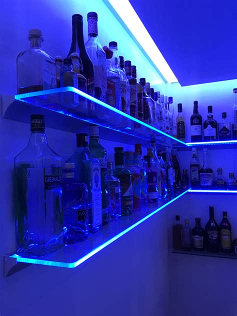 Glass shelves with LED edge lighting | Bar lighting, Diy home bar ...