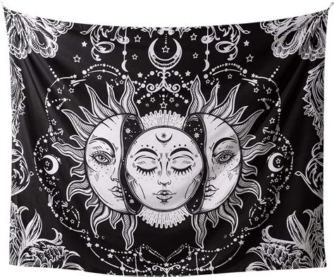 DasyFly Sun and Moon Tapestry Wall Hanging,Black and White Mystic Tapestry Burning Sun with Star ...