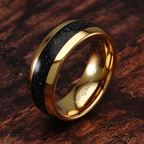 Tungsten Ring for Men Wedding Band Black Sandstone Inlaid Gold Dome ...