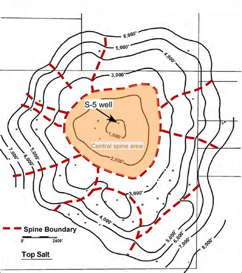 Top of salt map for Sour Lake salt dome showing the central salt spine... | Download Scientific ...