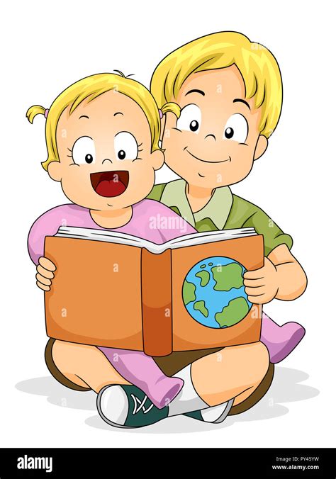 Illustration of a Kid Boy with His Sister Baby Girl Reading a Geography Book Stock Photo - Alamy