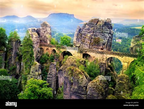 Bastei Bridge in the Elbe Sandstone Mountains is the major landmark of ...