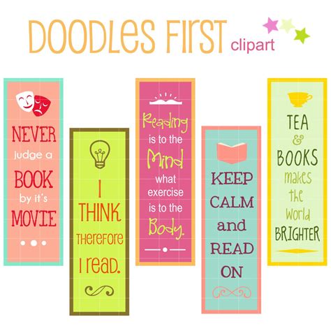 Reading Quotes Bookmarks Digital Clip Art for Scrapbooking Card Making Cupcake Toppers Paper ...