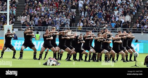 The Maori haka war dance, New Zealand All Blacks v Namibia, Rugby World Cup 2019, Tokyo Stadium ...