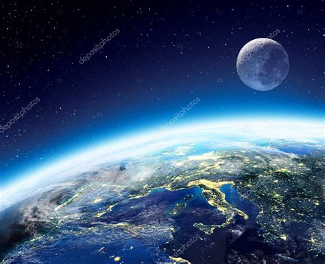 Earth and moon view from space at night - Europe Stock Photo by ...