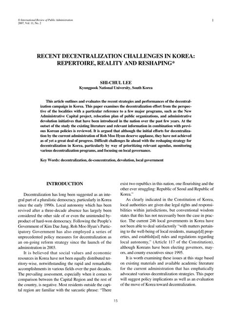 (PDF) Recent Decentralization Challenges in Korea: Repertoire, Reality and Reshaping