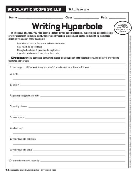 Hyperbole Worksheet For Kids