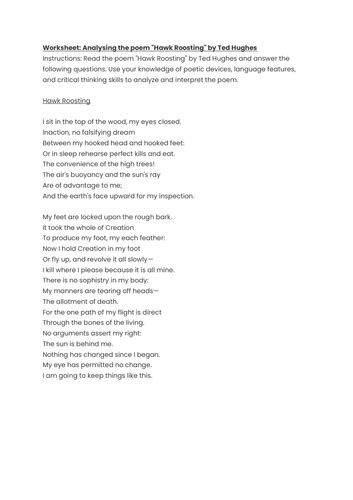 Analysing the poem "Hawk Roosting" by Ted Hughes Worksheet | Teaching ...