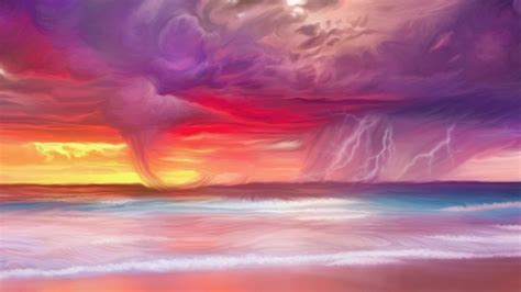 Storm, Sunset, Painting, Sea, Lightning, Ocean, Artistic, HD Wallpaper ...