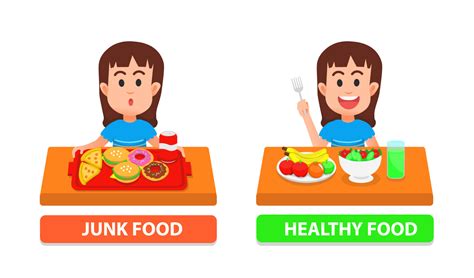 illustration of a cute girl eating junk and healthy food 8926643 Vector Art at Vecteezy