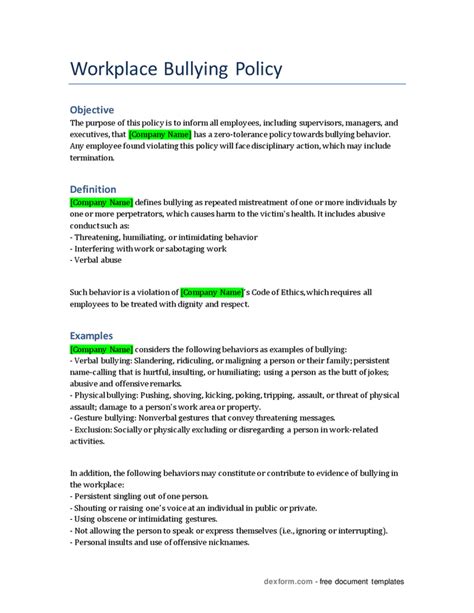 Workplace bullying policy in Word and Pdf formats