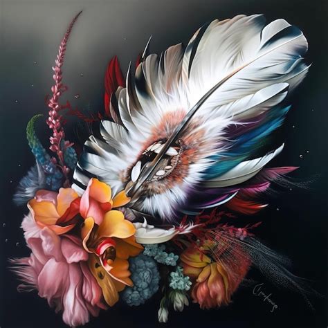 Premium Photo | A painting of a bird with feathers and a feather on it