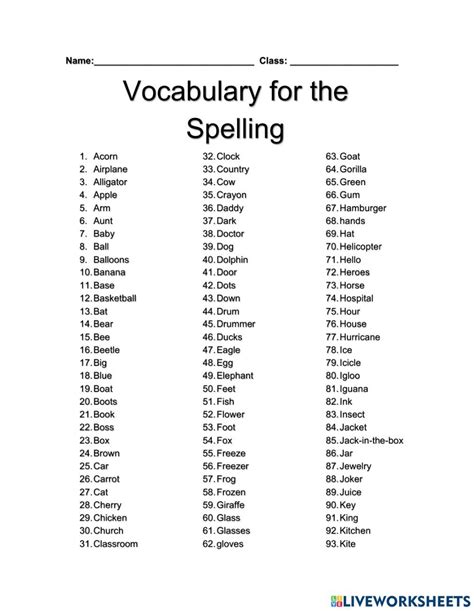 Spelling bee words interactive worksheet – Artofit